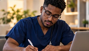 A nursing student studying at his desk