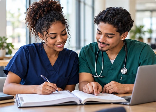 Two nursing students reviewing notes together